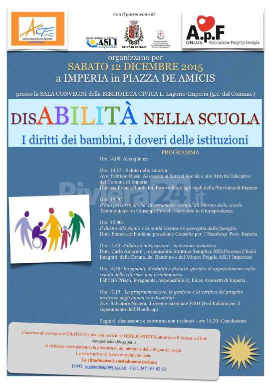 Disabilità nella scuola: convegno aperto a Imperia sabato 12 dicembre