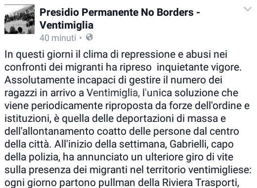 Ventimiglia, No Borders: “Chiunque voglia difendere i migranti si unisca a noi”