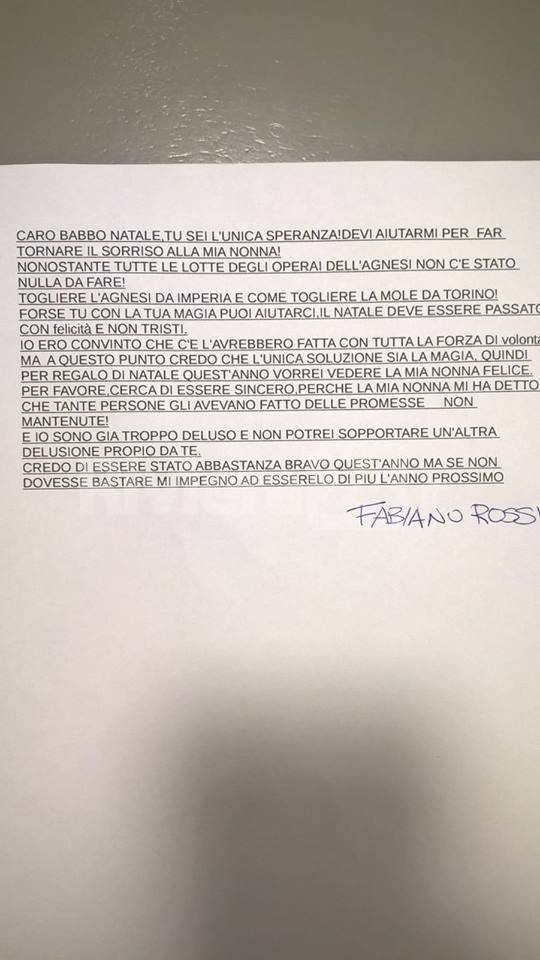 Agnesi, nipotino scrive una lettera a Babbo Natale: “Fai tornare il sorriso a mia nonna Lina”