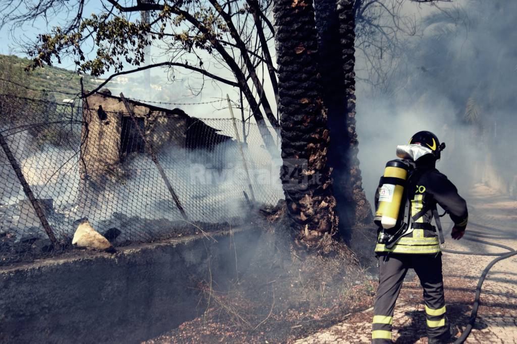 Bordighera, brucia terreno incolto vicino al parco Winter: in fiamme palme e una serra