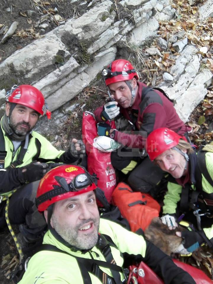 In 14 scatti il salvataggio di Whisky: il cane da caccia intrappolato in un crepaccio del monte Gerbonte e liberato dai vigili del fuoco