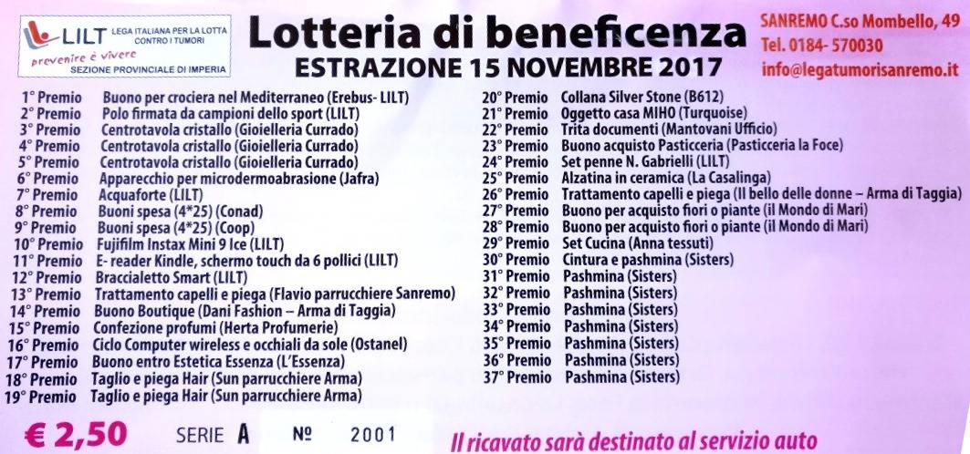 Sanremo, mercoledì 15 novembre al via all’estrazione della Lotteria LILT