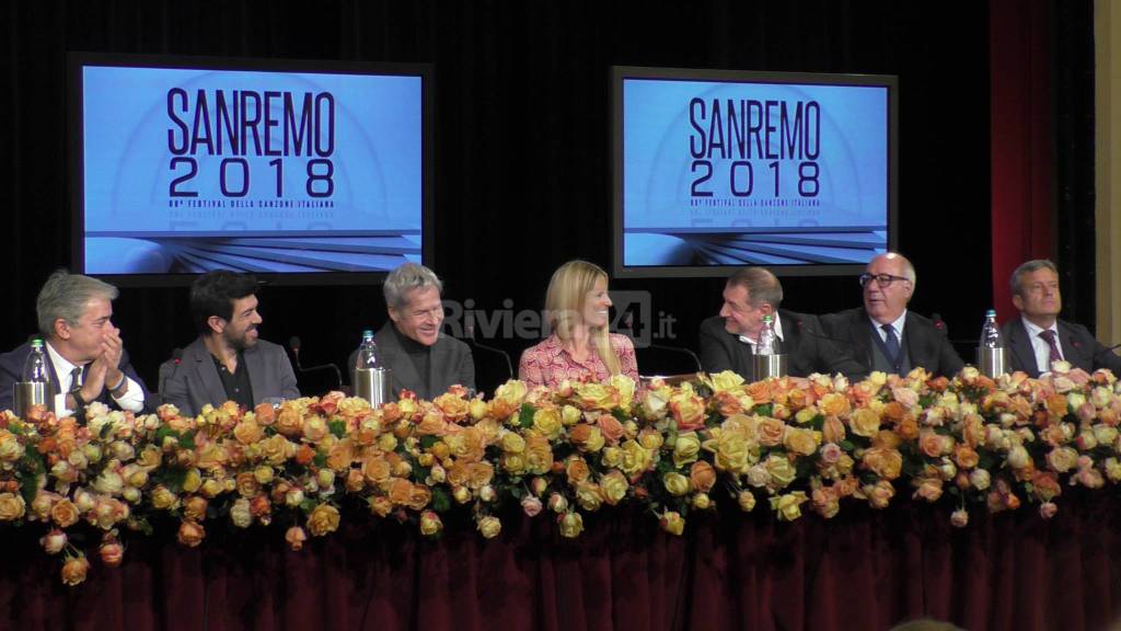 Claudio Baglioni, Michelle Hunziker e Pierfrancesco Favino alla conferenza stampa del Festival 2018