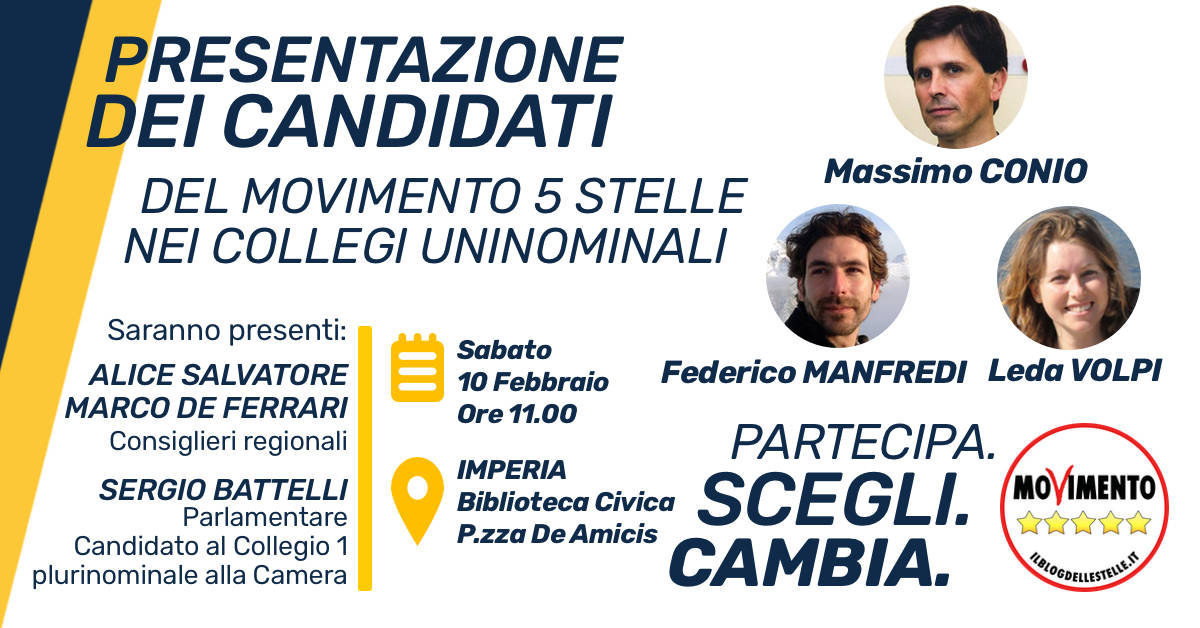 Imperia, sabato la presentazione candidati M5S nei collegi uninominali del ponente ligure