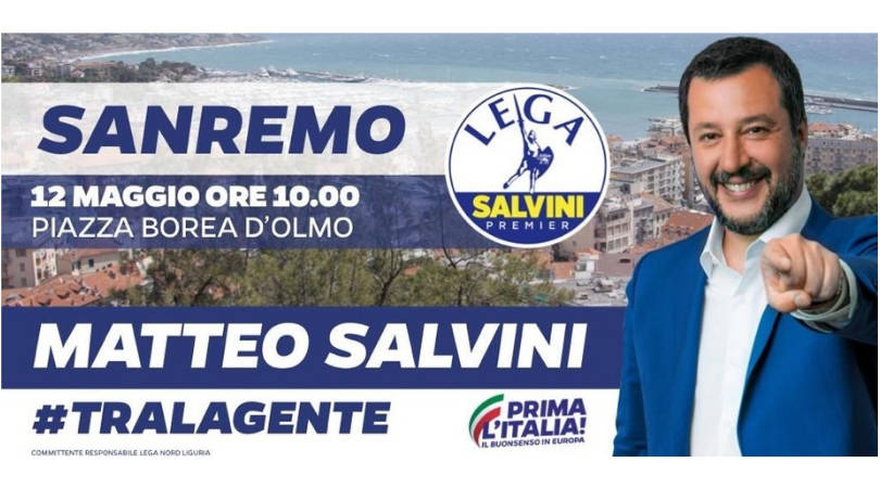 Salvini a Sanremo domenica 12 maggio per Tommasini sindaco: unica tappa in provincia