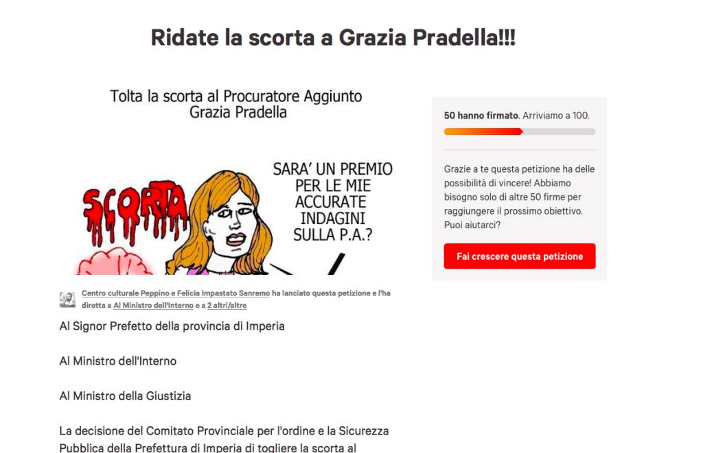 Imperia, «Ridate la scorta a Grazia Pradella». Lanciata raccolta firme