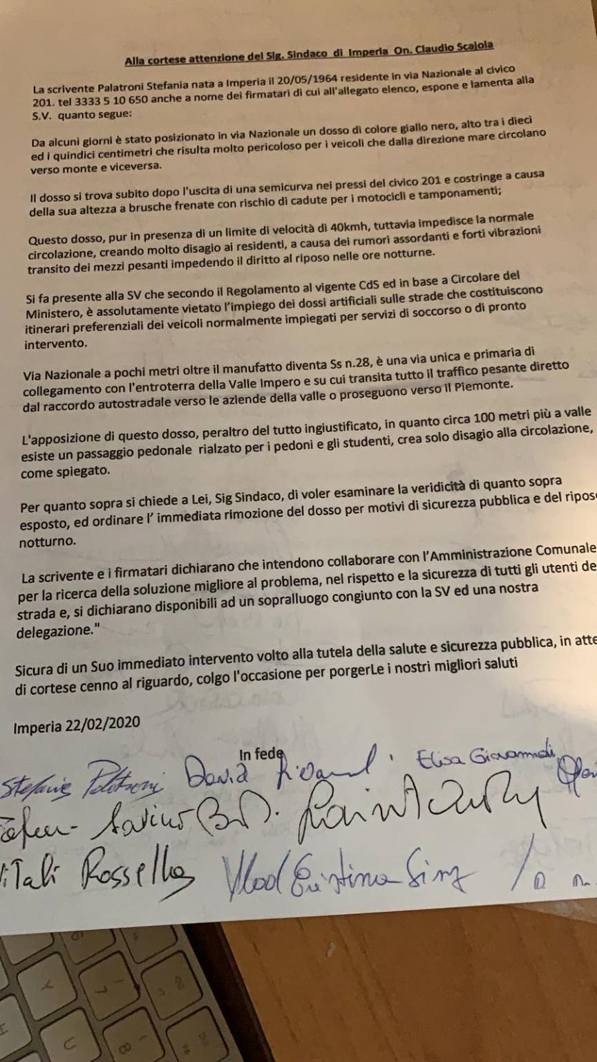 Imperia, consegnate in Comune le firme per la rimozione del dosso di Castelvecchio