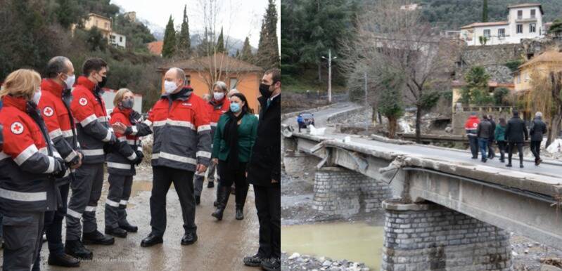 Il principe Alberto di Monaco in visita in Val Roya dopo il passaggio della tempesta Alex